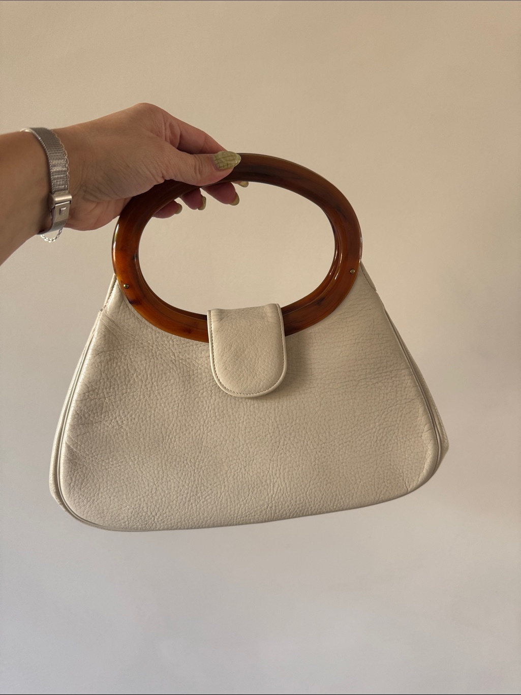 Vintage Leather Cream Tortoise Handle Handbag